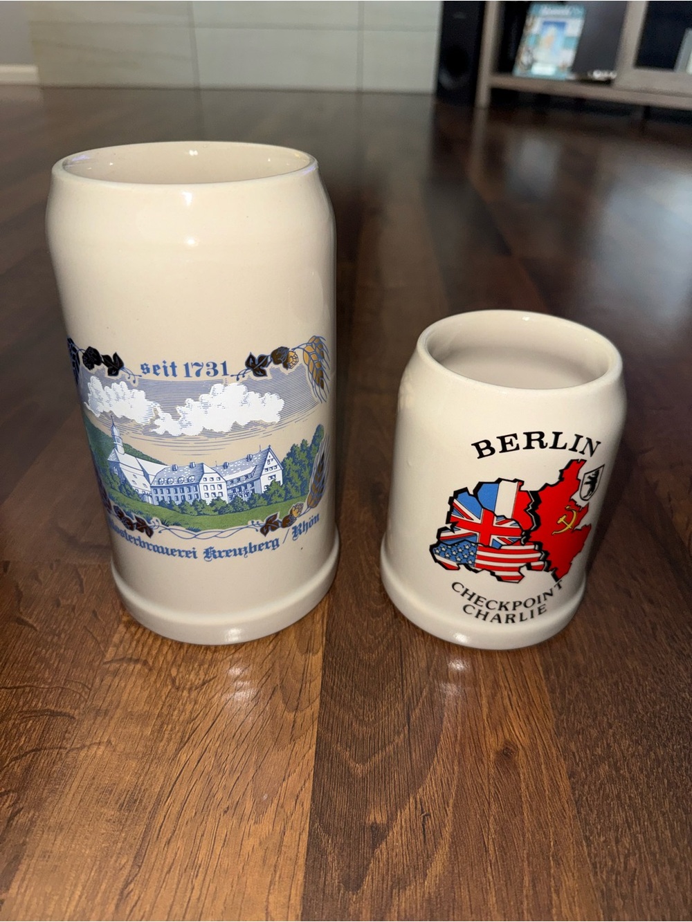 2 Vintage German Stoneware Steins-Klosterbraerei Kreikberg & Checkpoint Charlie